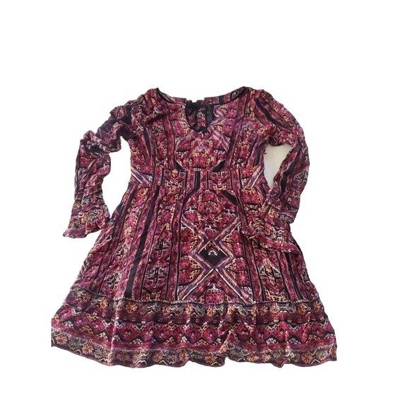 Patrons Of Peace Small Geometric Pattern Long Bell Sleeve Keyhole Neckline Dress - Picture 1 of 12